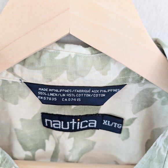 Vintage Nautica Men's Linen Blend Hawaiian Shirt Botanical‎ Tropical Vacation XL - Picture 8 of 14